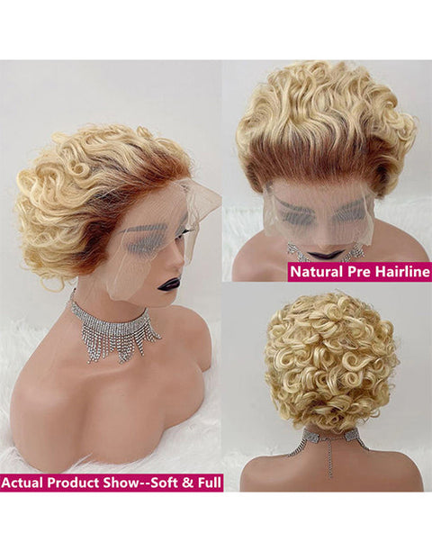 T4/613 Short Curly Pixie Cut Wigs 13x4 Lace Front Wig HD Lace Glueless Human Hair Wig