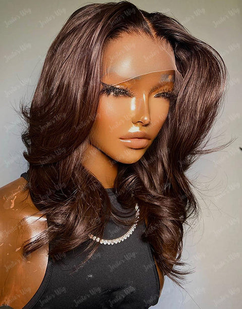 Stunning Chocolate Brown Wavy 13x4 Frontal Bob Human Hair HD Lace Wig Glueless