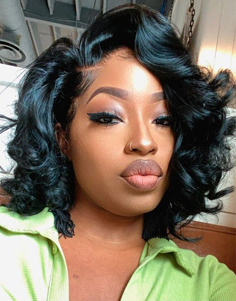 Flash Deal $110 12" Wavy 13x4 Lace Front Bob Wig Glueless Human Hair Wig