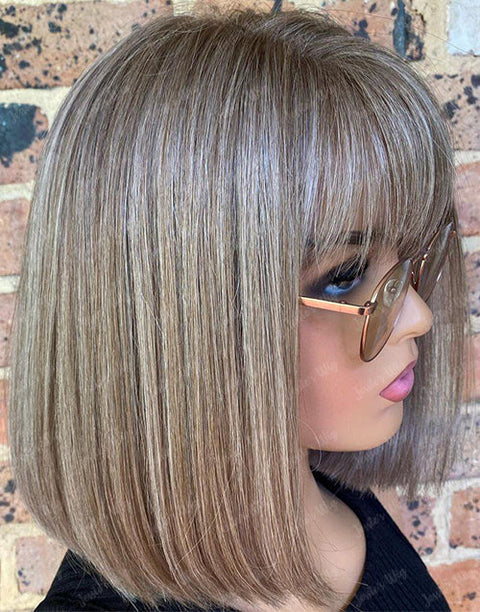 Highlight Ash Brown With A Hint Of Salt Straight Bob 13x4 Lace Frontal Glueless Wig With Bangs Human Hair