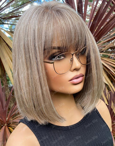 Highlight Ash Brown With A Hint Of Salt Straight Bob 13x4 Lace Frontal Glueless Wig With Bangs Human Hair