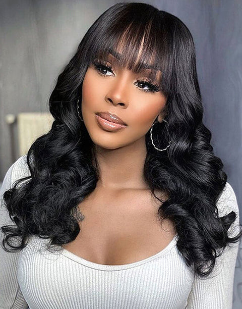 All $89 Flash Sale Natural Color Human Hair Glueless Wigs Middle Length Jerry Curly Wigs / Body Wave Wig With Bangs