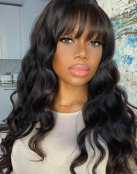 All $89 Flash Sale Natural Color Human Hair Glueless Wigs Middle Length Jerry Curly Wigs / Body Wave Wig With Bangs