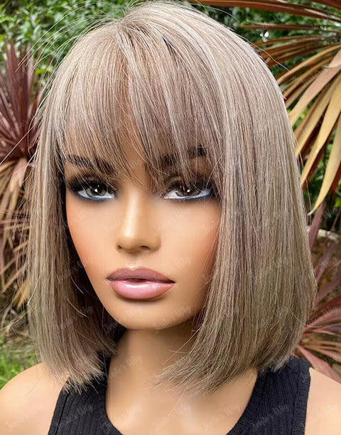 Highlight Ash Brown With A Hint Of Salt Straight Bob 13x4 Lace Frontal Glueless Wig With Bangs Human Hair