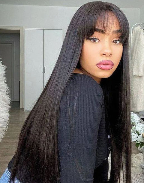 $100 OFF | Code: SAVE100 30 inch Straight Wigs With Bangs Human Hair Glueless Wigs Flash Sale