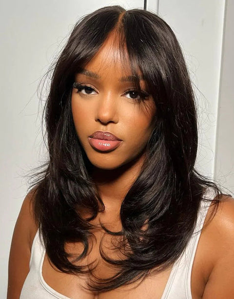 Pre Cut 9x6 Lace Wavy Layer Cut Glueless Wig With Curtain Bangs Human Hair