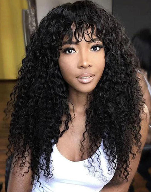 (CODE:E20)Curly Machinemade Wig With Bangs Glueless Human Hair Wig