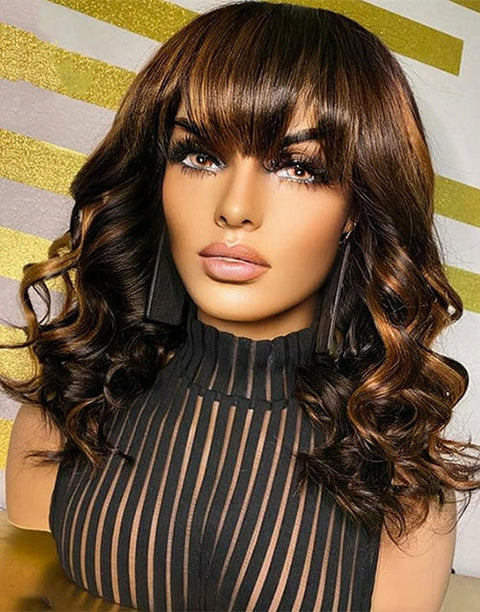 Balayage Highlight Wavy Bob Wig With Bangs Glueless Human Hair Wig With Fringe