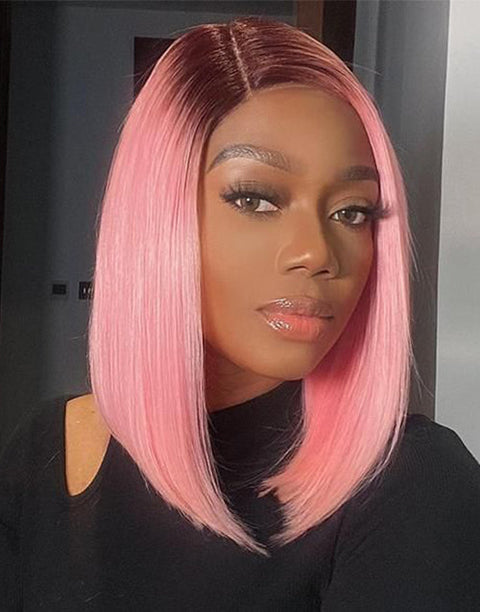 T1B/Pink Colored Straight 13x4 Front Bob Glueless Human Hair Wig