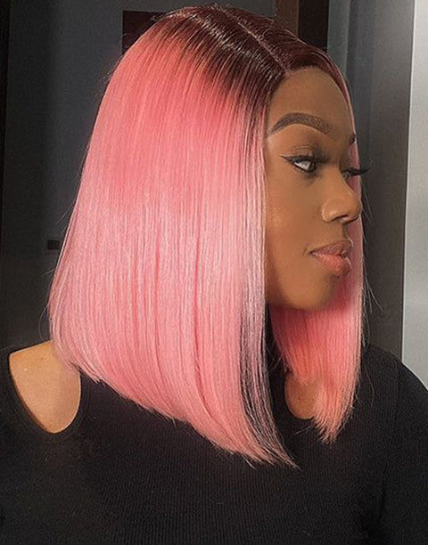 T1B/Pink Colored Straight 13x4 Front Bob Glueless Human Hair Wig