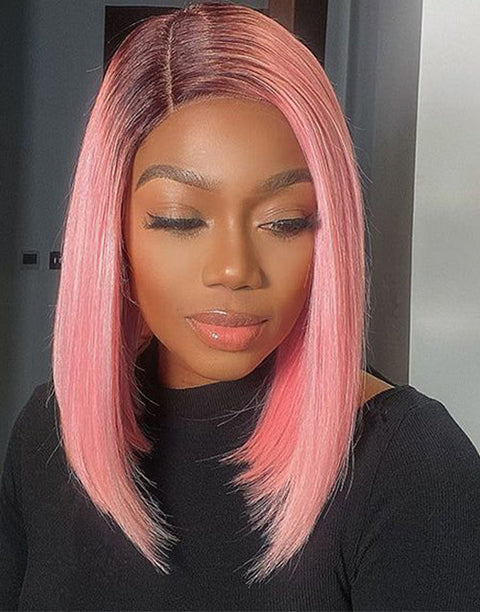 T1B/Pink Colored Straight 13x4 Front Bob Glueless Human Hair Wig