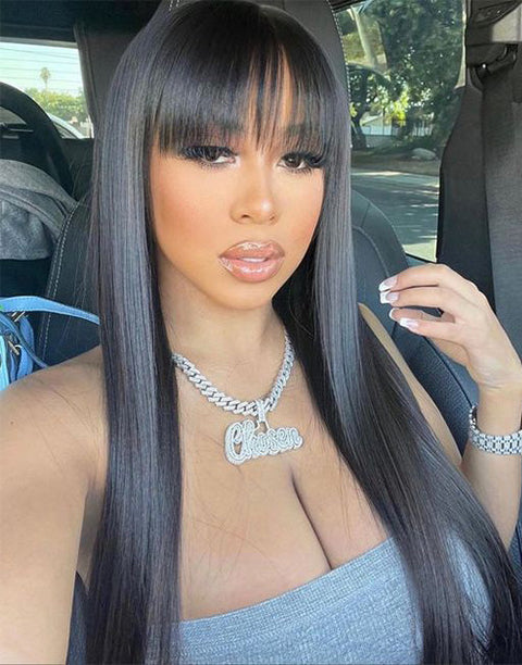 $100 OFF | Code: SAVE100 30 inch Straight Wigs With Bangs Human Hair Glueless Wigs Flash Sale