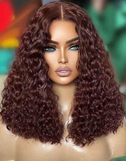 Reddish Brown Sprial Curl 5x6 Bob Pre Cut Lace Preplucked Human Hair Wig Glueless Crystal HD Lace