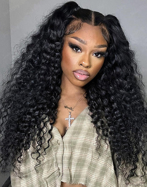 Deep Wave Pre Cut Lace 9x6 Wig Glueless Human Hair Wig Natural Black Color