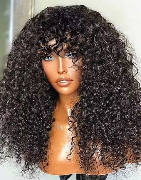 (CODE:E20)Curly Machinemade Wig With Bangs Glueless Human Hair Wig