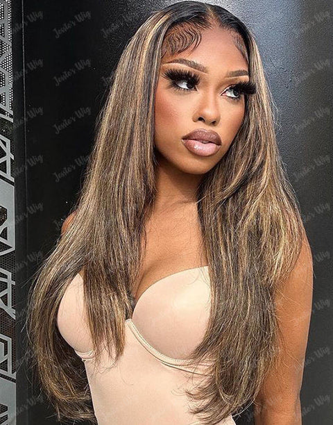 5x6 Pre Cut Lace Layer Cut Wig Balayage Honey Straight Lace Frontal Preplucked Glueless Wig