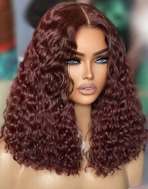 Reddish Brown Sprial Curl 5x6 Bob Pre Cut Lace Preplucked Human Hair Wig Glueless Crystal HD Lace