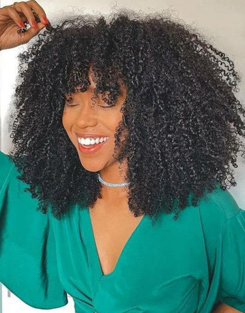 Flash Deal $159.99 20" Afro Kinky Curly Wigs With Bangs Glueless Human Hair Wig