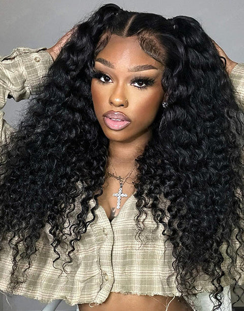 Deep Wave Pre Cut Lace 9x6 Wig Glueless Human Hair Wig Natural Black Color