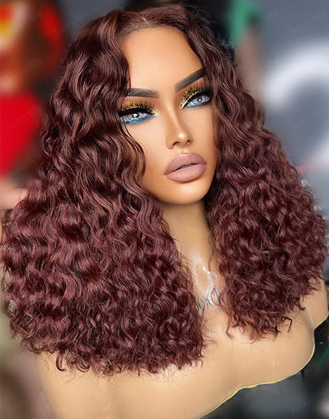 Reddish Brown Sprial Curl 5x6 Bob Pre Cut Lace Preplucked Human Hair Wig Glueless Crystal HD Lace