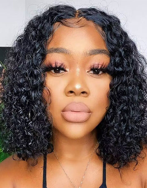 Glueless Crystal Lace 13x5 Short Curly Bob Lace Frontal Human Hair Wig 12"