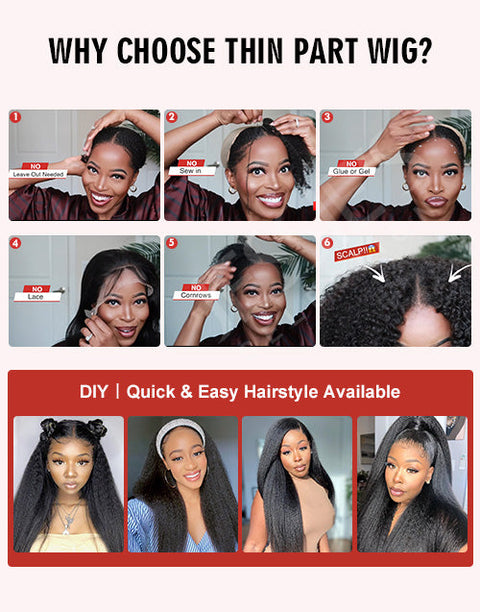 Flash Deal [20"=$129] Glueless Kinky Straight Thin V Part Wig Machinemade