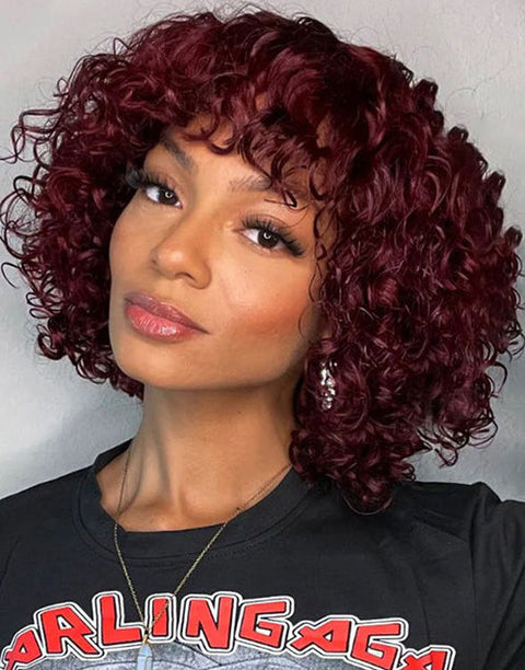 Flash Deal $69.99 99J Short Curly Bob Wig With Bangs Glueless Human Hair Wig With Fringe