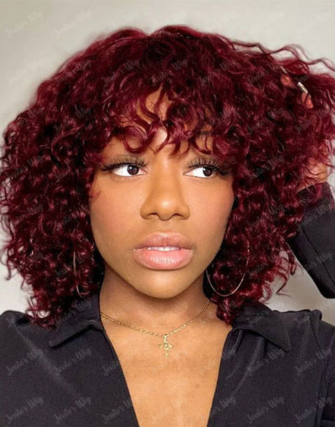 Flash Deal $69.99 99J Short Curly Bob Wig With Bangs Glueless Human Hair Wig With Fringe