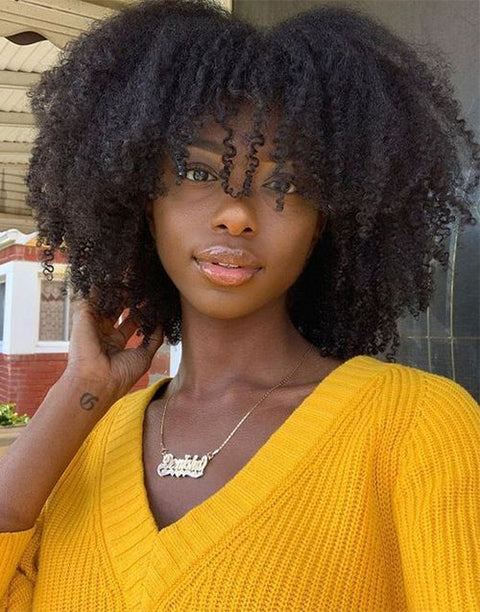 Flash Deal $159.99 20" Afro Kinky Curly Wigs With Bangs Glueless Human Hair Wig