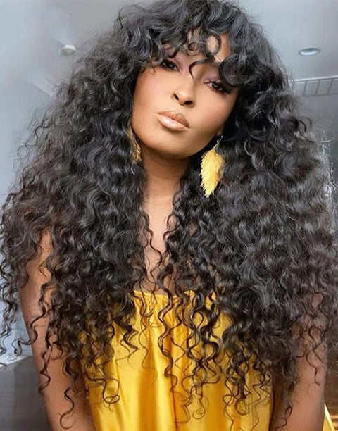 Flash Deal $89.99 16" Curly Wig With Bangs Glueless Wig Human Hair