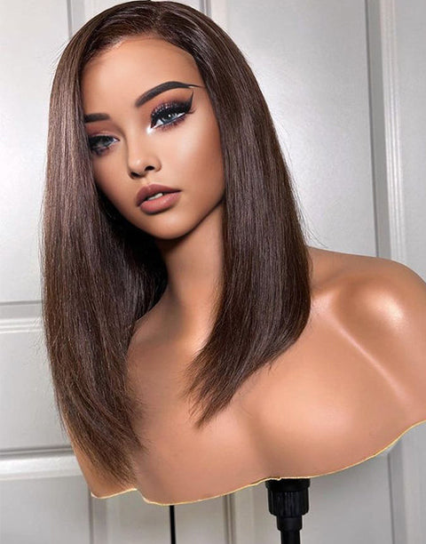 Chocolate Brown Side Part Straight 13x4 Frontal Lace Glueless Wig Human Hair