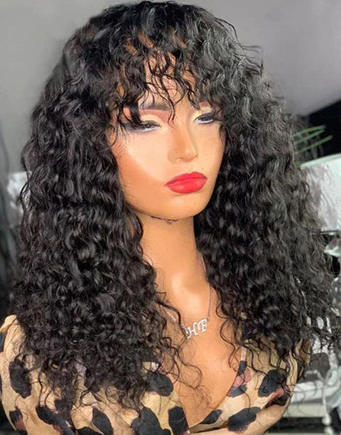 Flash Deal $89.99 16" Curly Wig With Bangs Glueless Wig Human Hair