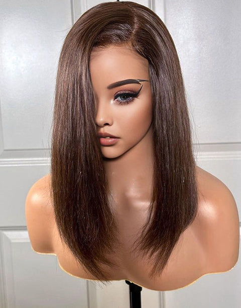 Chocolate Brown Side Part Straight 13x4 Frontal Lace Glueless Wig Human Hair