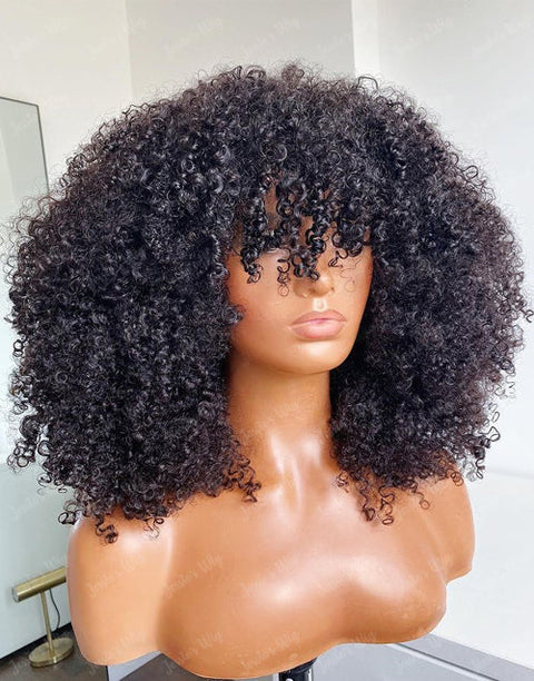 Flash Deal $159.99 20" Afro Kinky Curly Wigs With Bangs Glueless Human Hair Wig