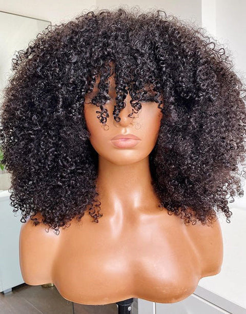 Flash Deal $159.99 20" Afro Kinky Curly Wigs With Bangs Glueless Human Hair Wig