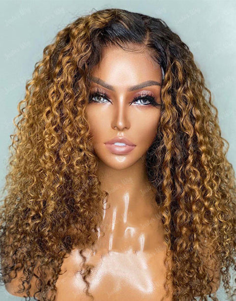 Flash Deal $99.99 14" T1B/27 Curly Human Hair 4x4 Pre Cut Lace Glueless Wig