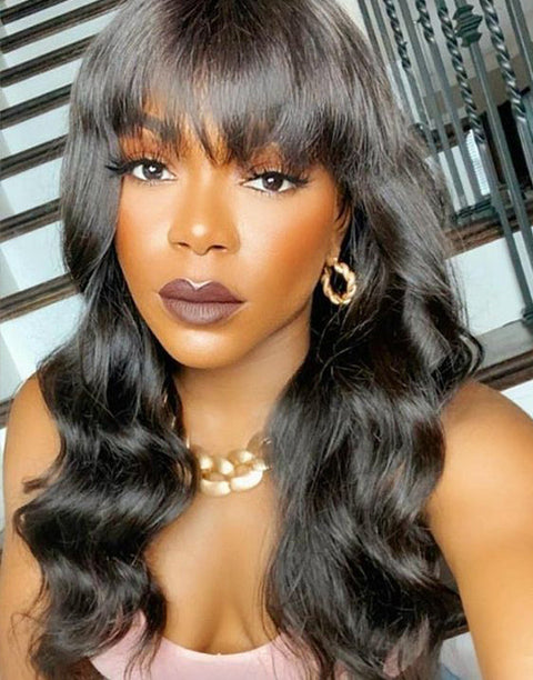 All $99 Flash Sale Natural Color Human Hair Glueless Wigs Long Length Body Wave Wigs / Water Wave Wig With Bangs